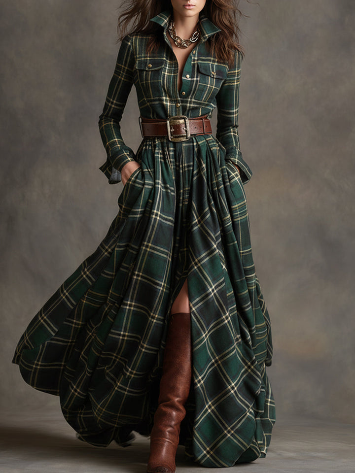 Scarlett | Robe chemise longue à carreaux avec manches longues et ceinture