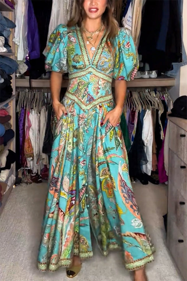 Robe longue aérienne à manches bouffantes et col en V