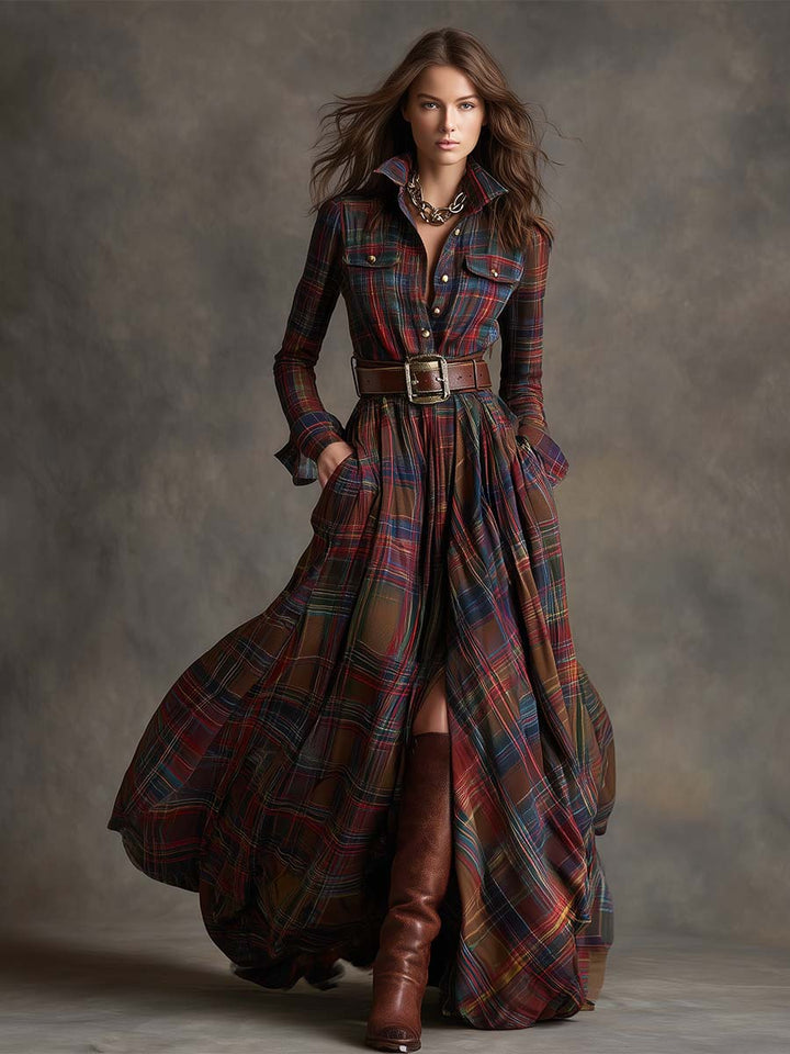 Scarlett | Robe chemise longue à carreaux avec manches longues et ceinture