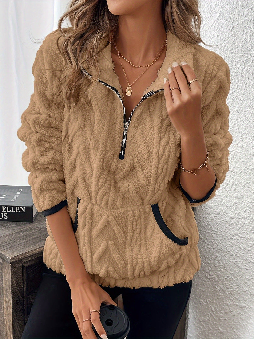 Rozalinda – Sweat-shirt en peluche douce avec demi-zip et poche kangourou