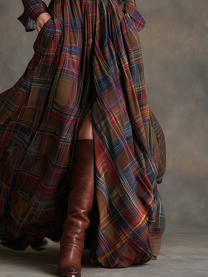 Scarlett | Robe chemise longue à carreaux avec manches longues et ceinture