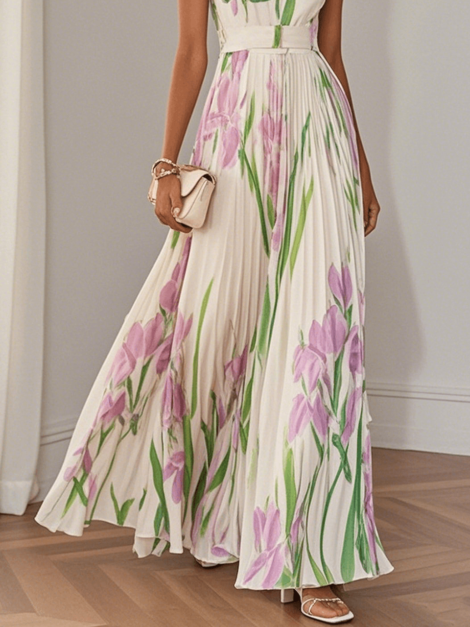 Yara™ - Robe longue plissée en mousseline de soie