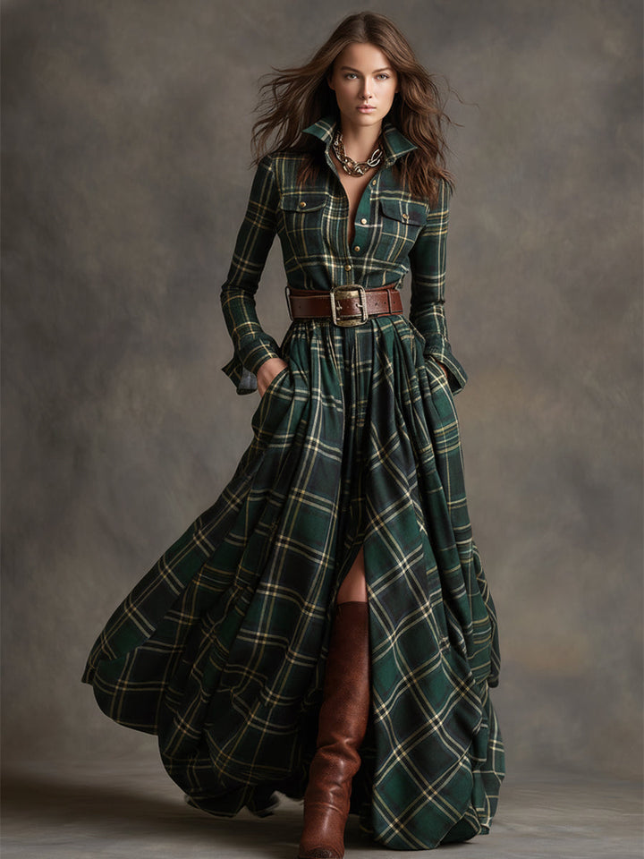 Scarlett | Robe chemise longue à carreaux avec manches longues et ceinture