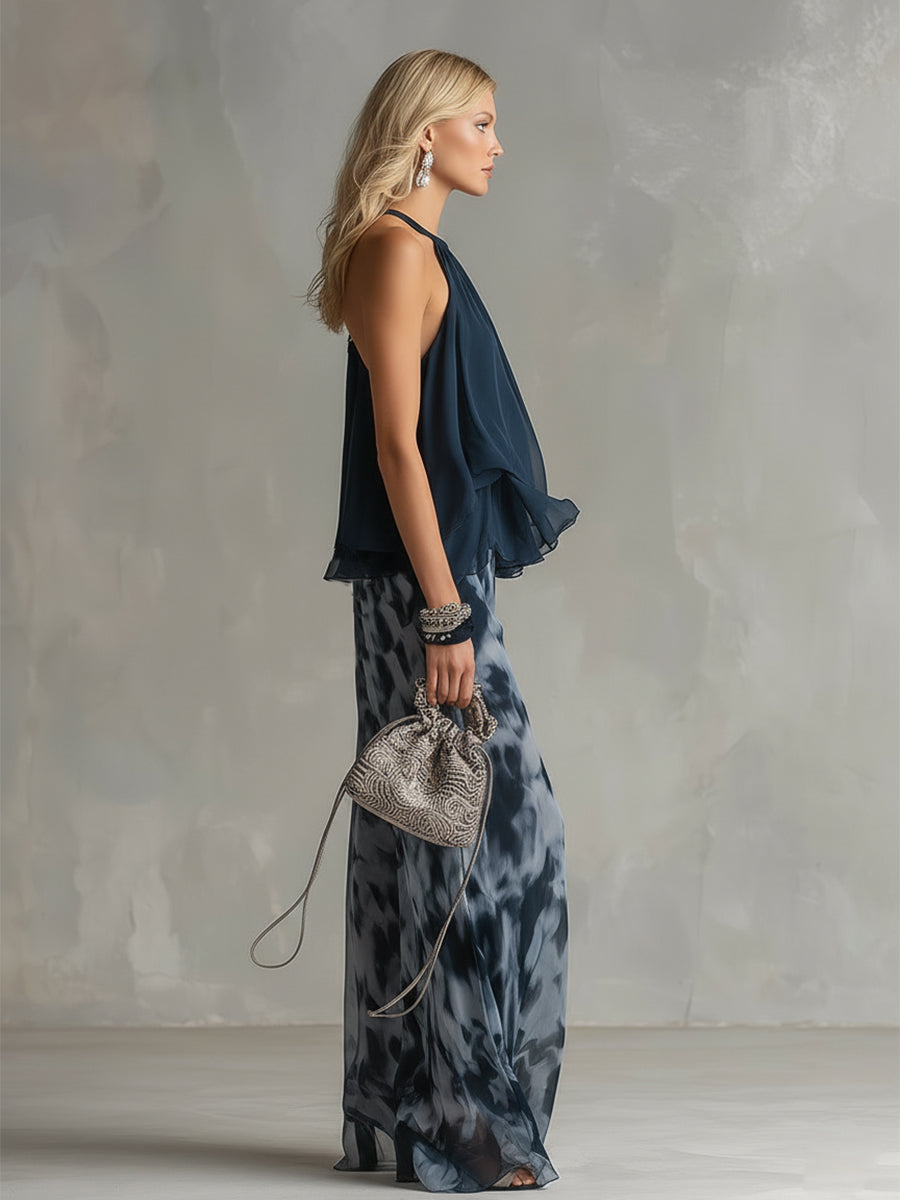 Ludovica | Haut dos nu élégant bleu marine et pantalon large imprimé
