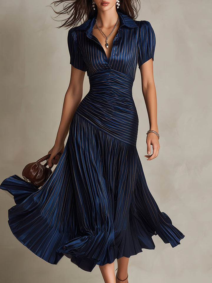 Adrien | Robe mi-longue en satin à rayures rétro