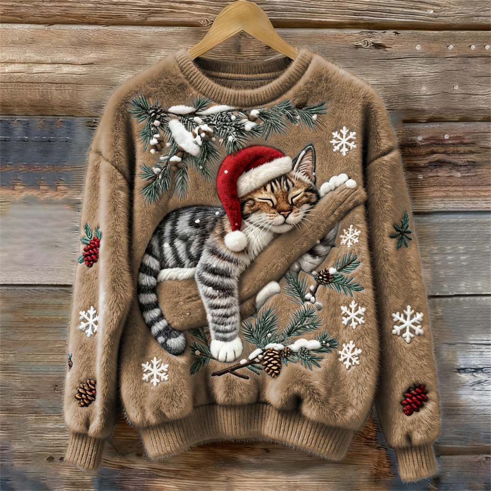 Biengojna – Pull de Noël en peluche avec un chaton