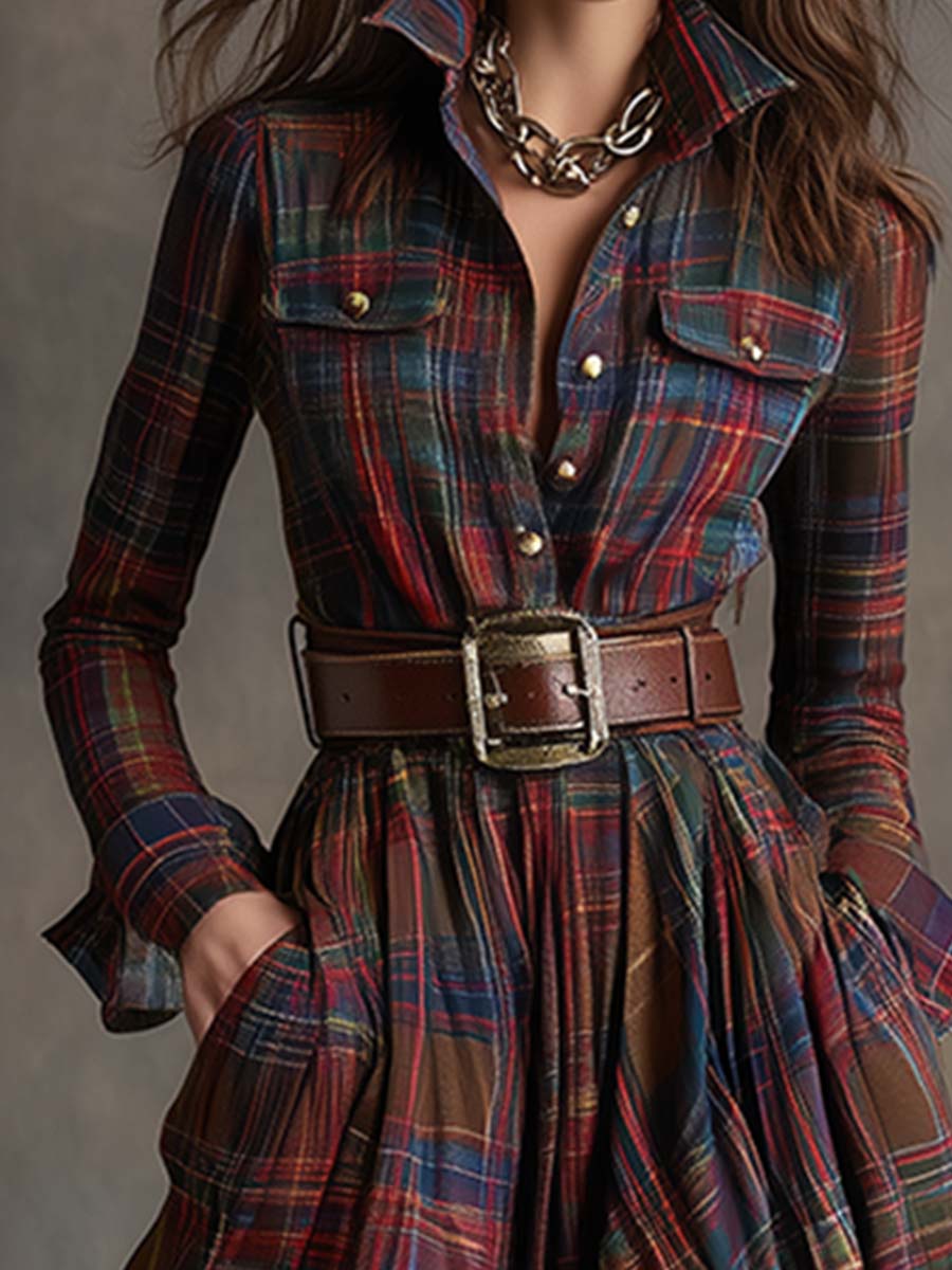 Scarlett | Robe chemise longue à carreaux avec manches longues et ceinture