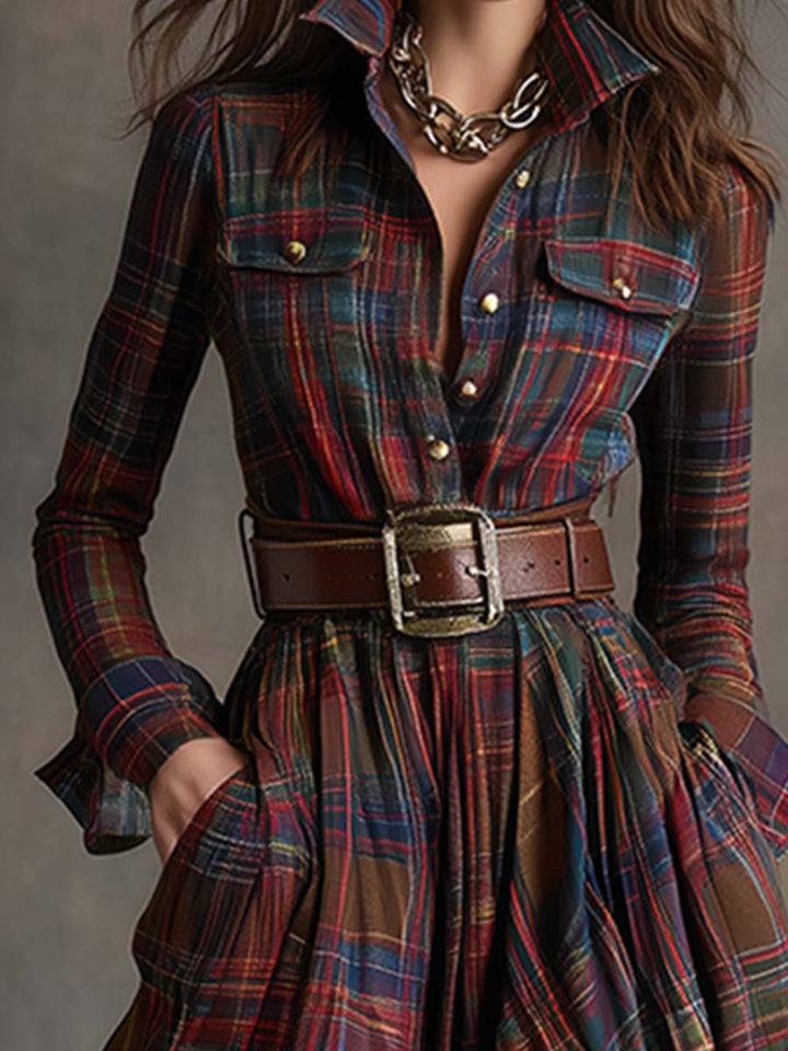 Scarlett | Robe chemise longue à carreaux avec manches longues et ceinture