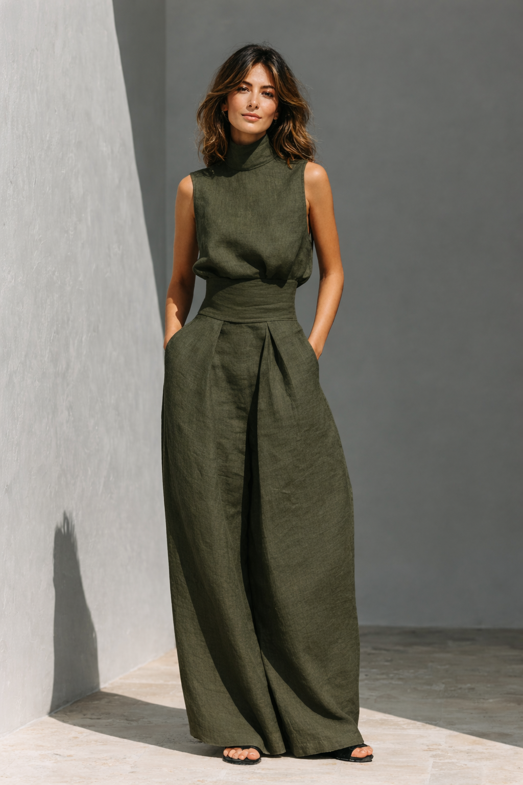 Maria - Ensemble composé d'un haut et d'un pantalon large en coton et lin au style minimaliste pour femme