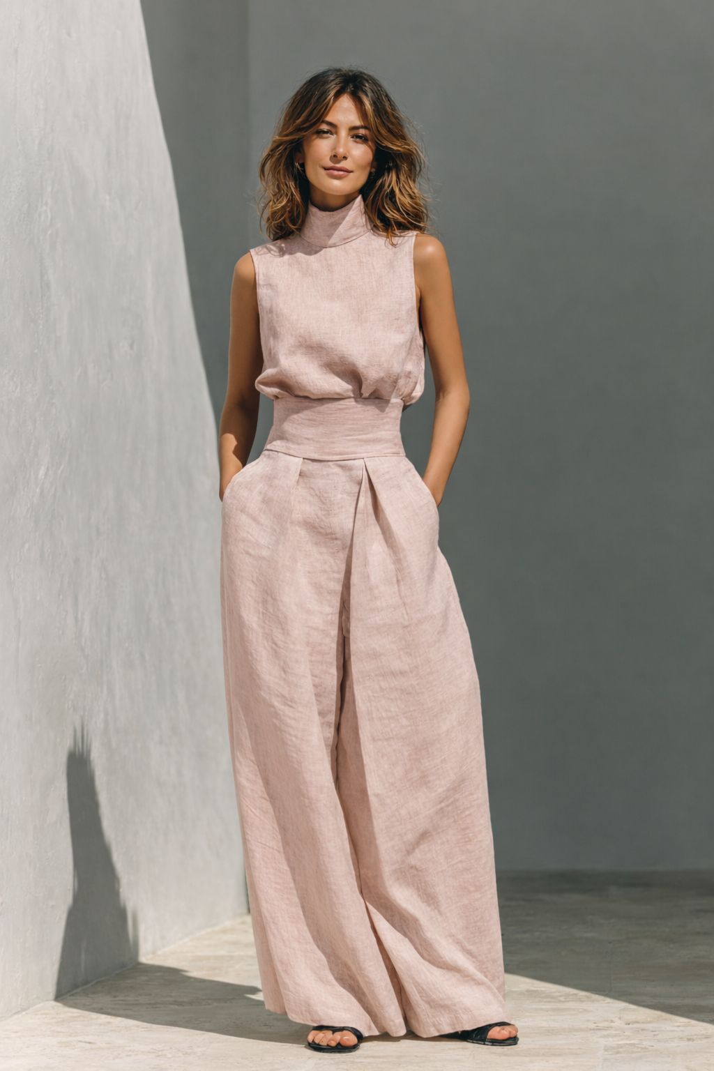 Maria - Ensemble composé d'un haut et d'un pantalon large en coton et lin au style minimaliste pour femme