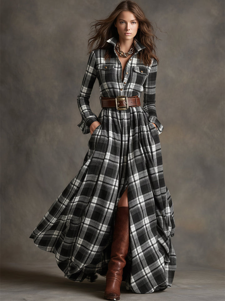 Scarlett | Robe chemise longue à carreaux avec manches longues et ceinture