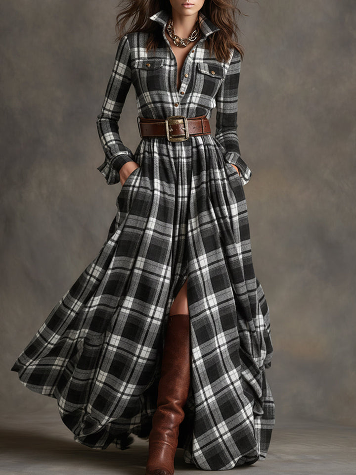 Scarlett | Robe chemise longue à carreaux avec manches longues et ceinture
