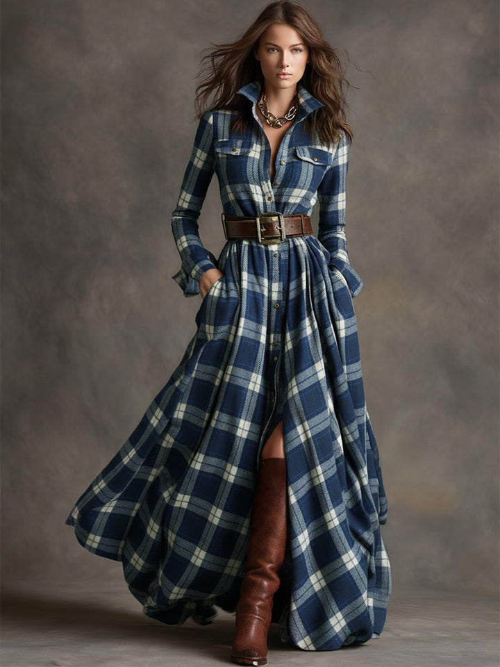 Scarlett | Robe chemise longue à carreaux avec manches longues et ceinture