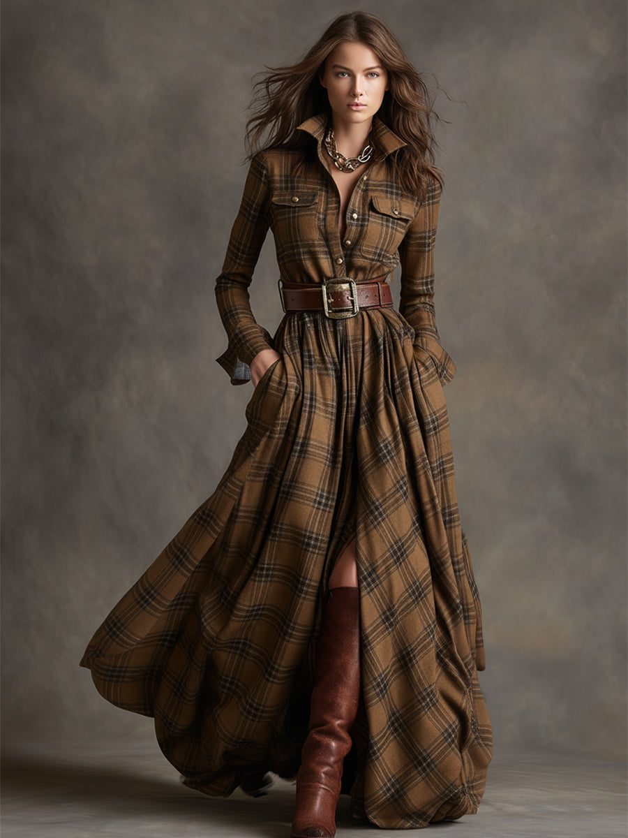 Scarlett | Robe chemise longue à carreaux avec manches longues et ceinture