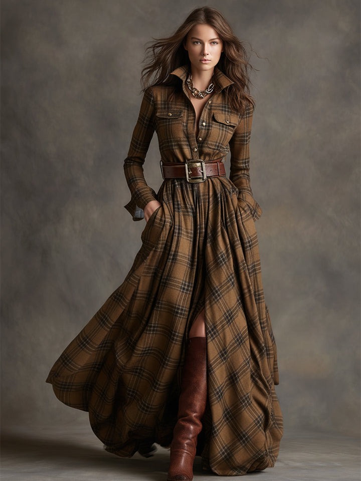 Scarlett | Robe chemise longue à carreaux avec manches longues et ceinture
