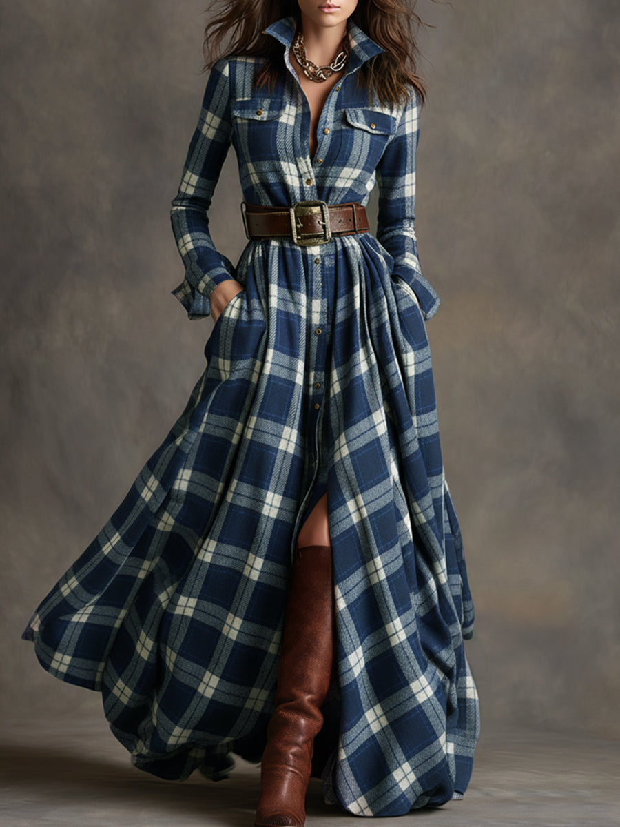 Scarlett | Robe chemise longue à carreaux avec manches longues et ceinture