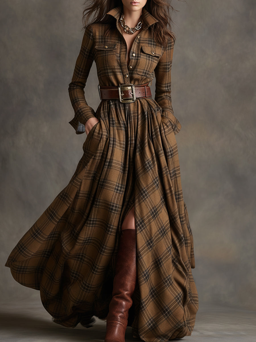 Scarlett | Robe chemise longue à carreaux avec manches longues et ceinture