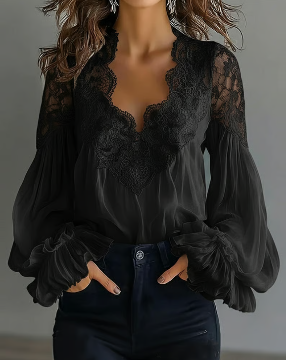 Laceva | Blouse à dentelle fleurie et manches lanternes
