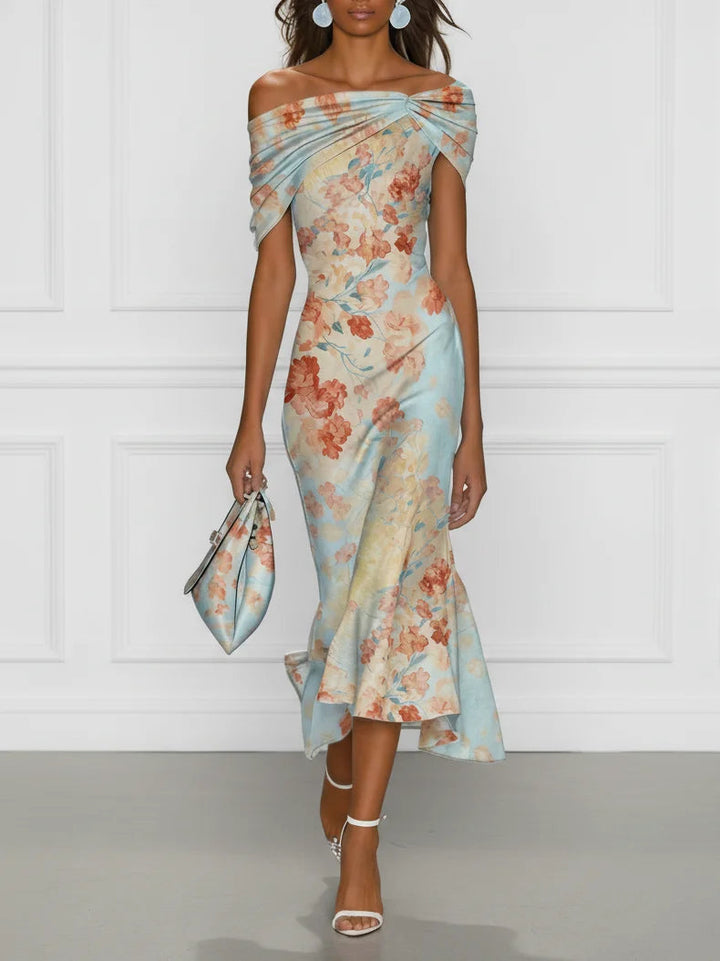 Vittoria | Robe midi sirène sans manches avec épaules dénudées et motif floral bleu