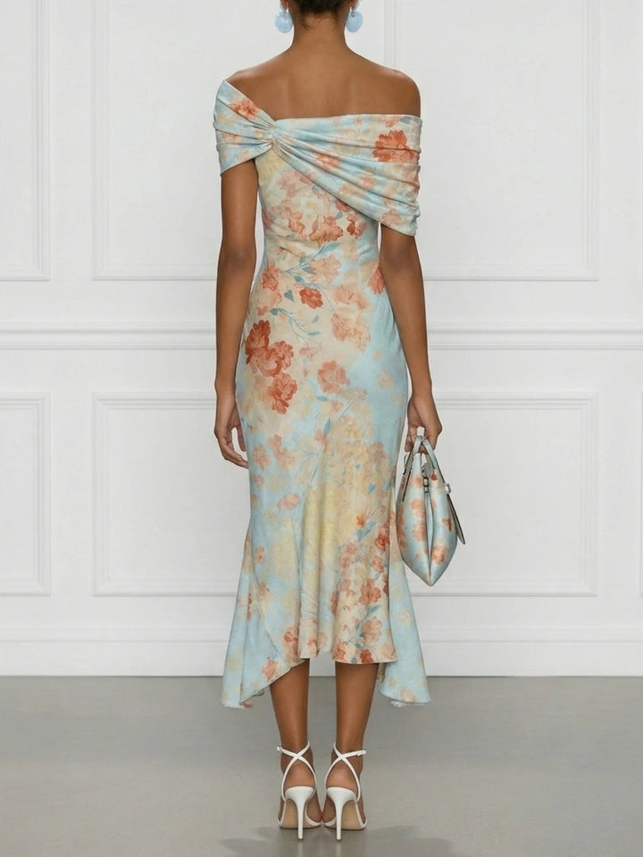 Vittoria | Robe midi sirène sans manches avec épaules dénudées et motif floral bleu