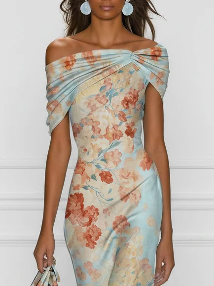 Vittoria | Robe midi sirène sans manches avec épaules dénudées et motif floral bleu