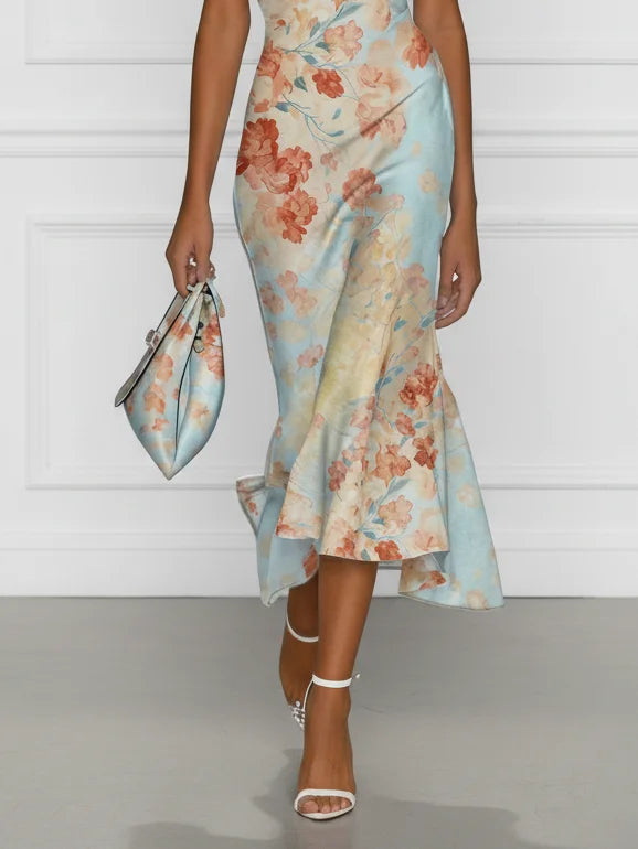 Vittoria | Robe midi sirène sans manches avec épaules dénudées et motif floral bleu