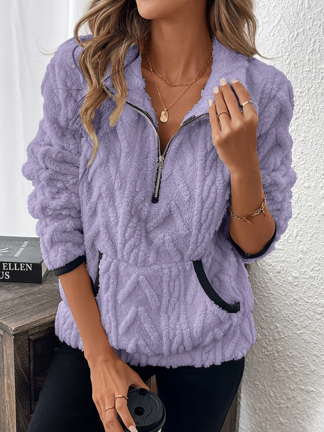 Rozalinda – Sweat-shirt en peluche douce avec demi-zip et poche kangourou