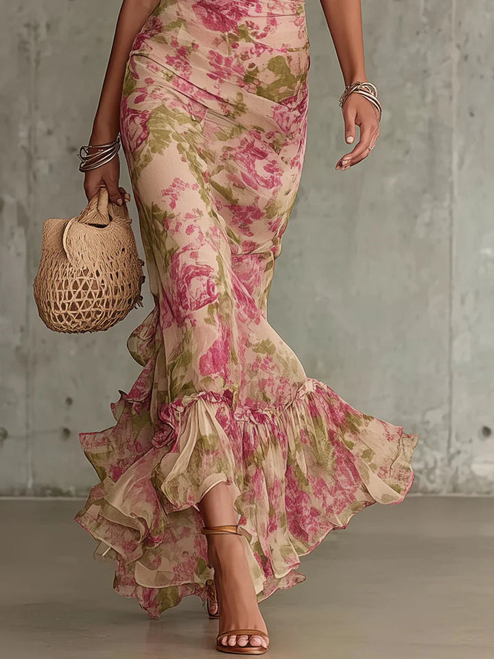 Fiora | Robe longue rose vintage romantique avec manches bouffantes