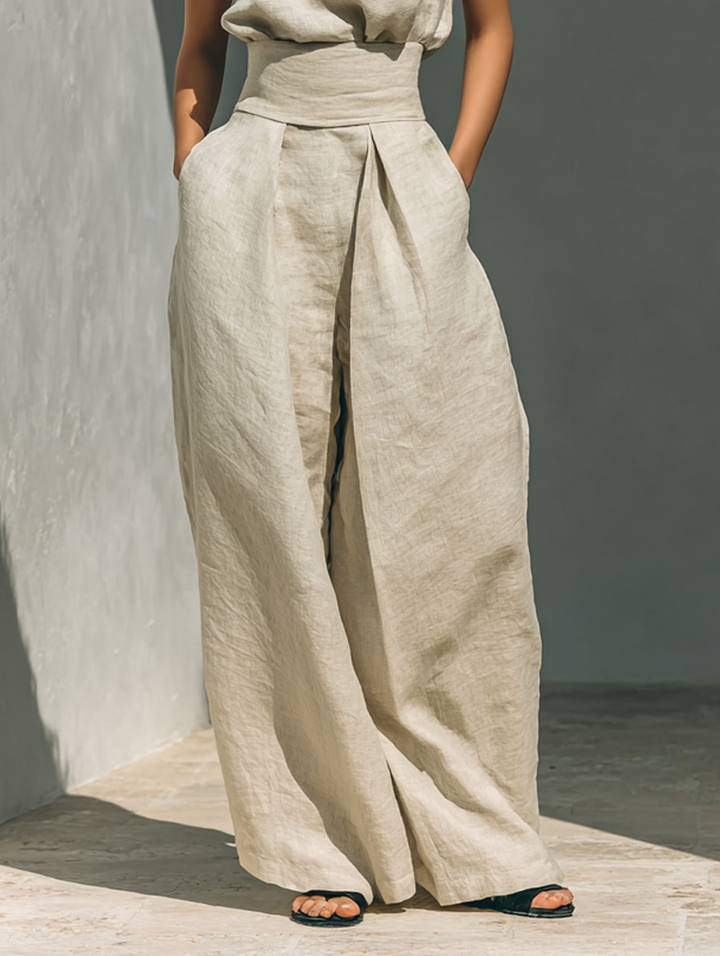 Aurore | Ensemble ample sans manches beige à jambes larges
