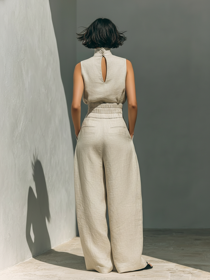 Aurore | Ensemble ample sans manches beige à jambes larges