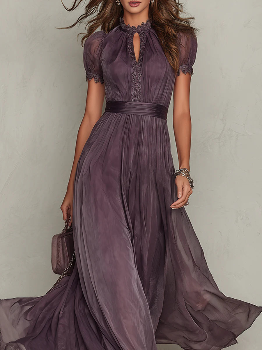 Flavie | Robe longue violette élégante en mousseline avec découpe
