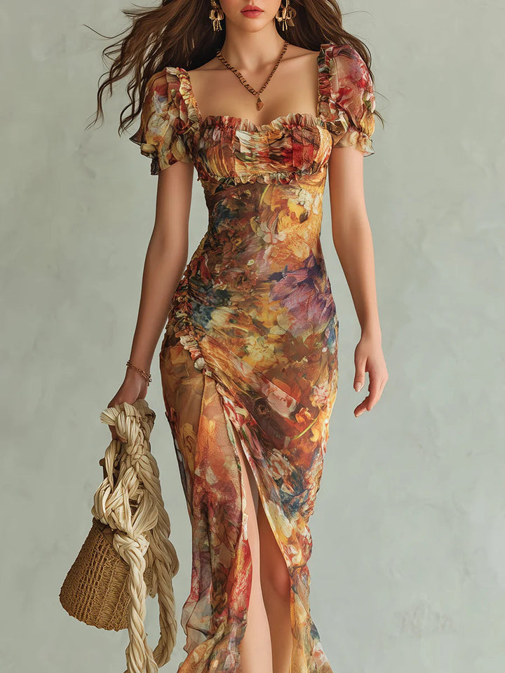 Alto | Robe longue en mousseline orange avec un motif bohème ressemblant à une peinture à l'huile