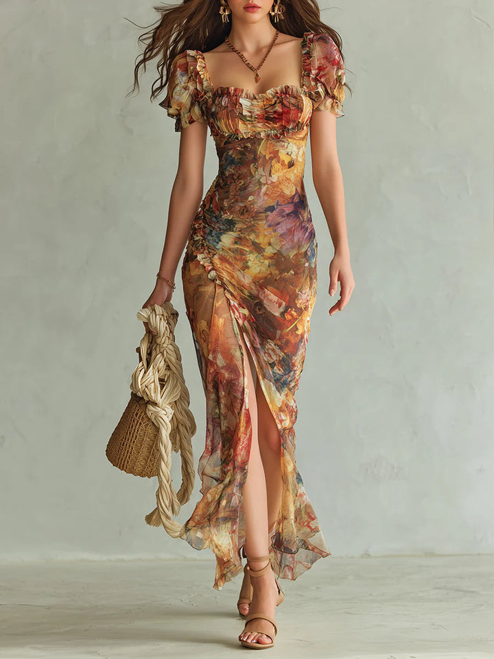 Alto | Robe longue en mousseline orange avec un motif bohème ressemblant à une peinture à l'huile