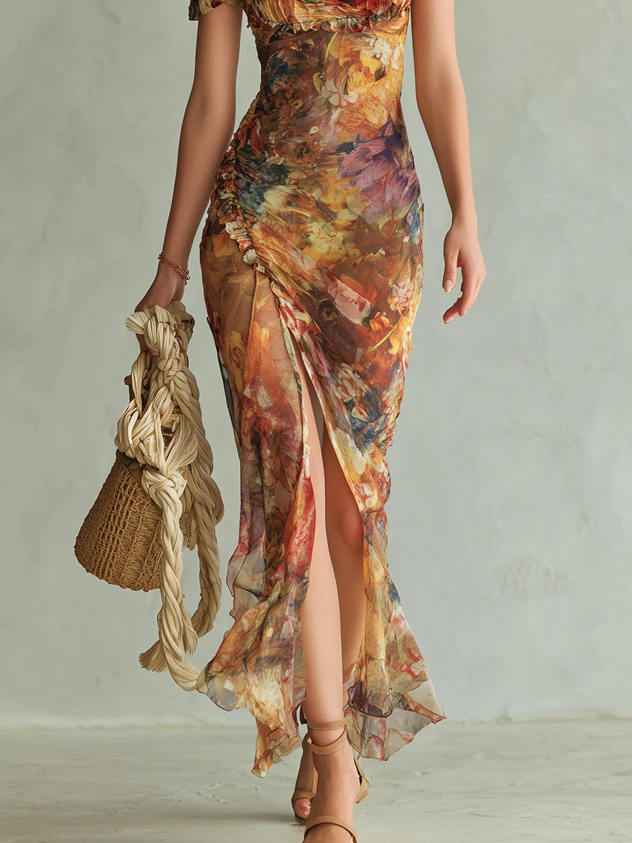 Alto | Robe longue en mousseline orange avec un motif bohème ressemblant à une peinture à l'huile
