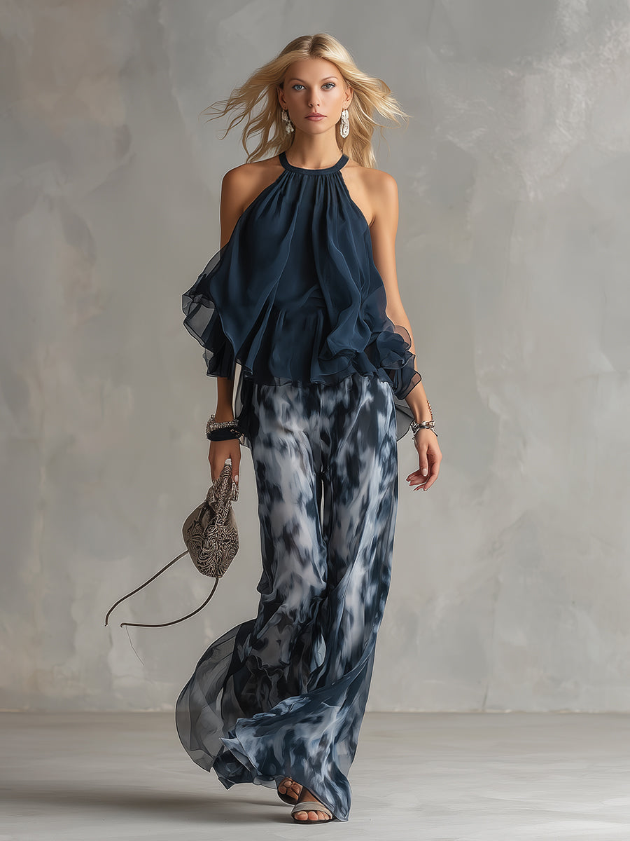 Ludovica | Haut dos nu élégant bleu marine et pantalon large imprimé