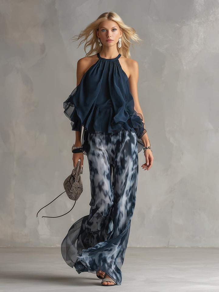 Ludovica | Haut dos nu élégant bleu marine et pantalon large imprimé