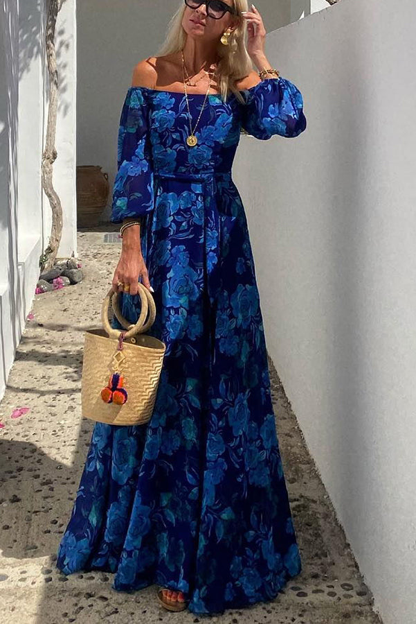 Francesca - Robe longue à motif floral et épaules ouvertes