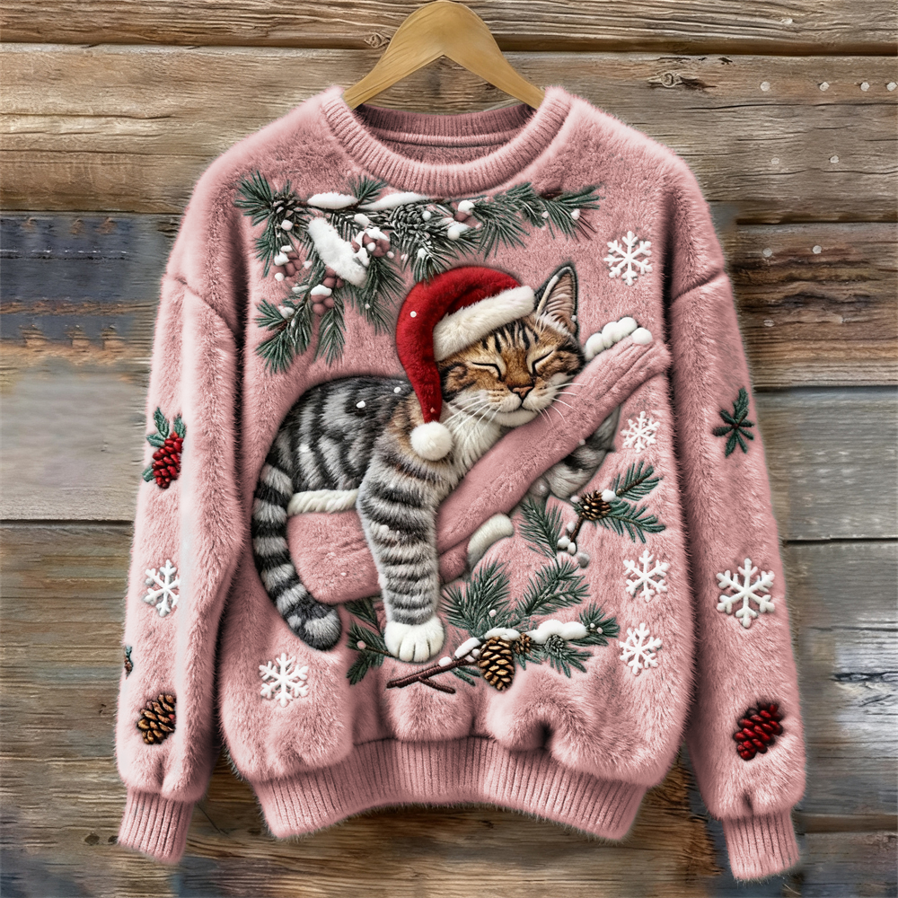 Biengojna – Pull de Noël en peluche avec un chaton