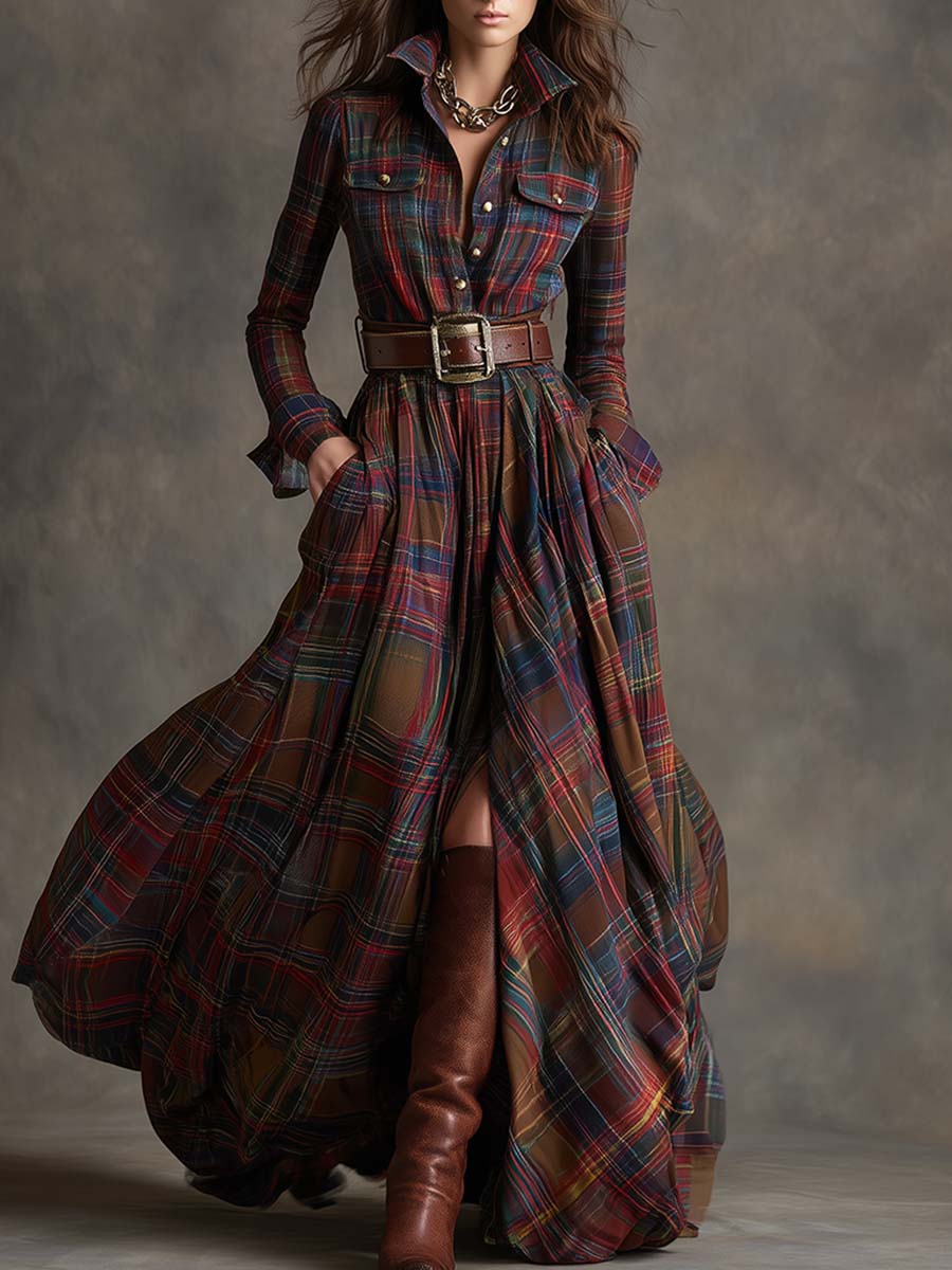 Scarlett | Robe chemise longue à carreaux avec manches longues et ceinture
