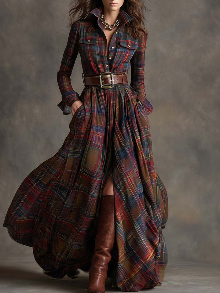Scarlett | Robe chemise longue à carreaux avec manches longues et ceinture