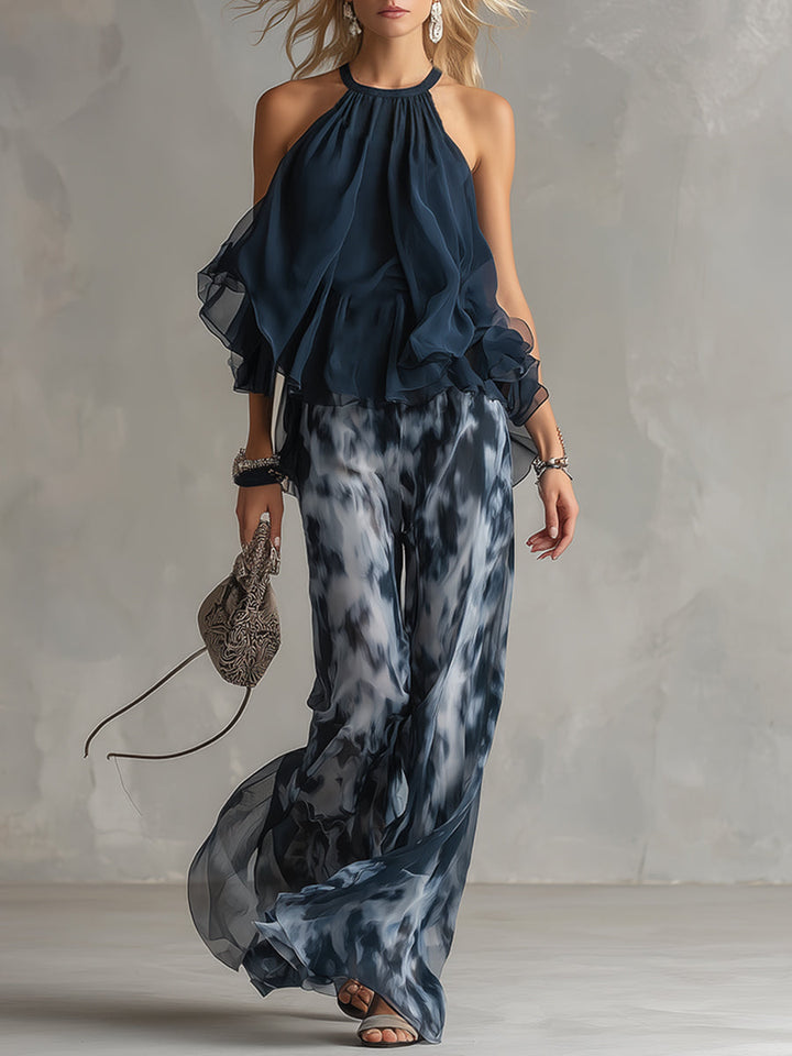 Ludovica | Haut dos nu élégant bleu marine et pantalon large imprimé