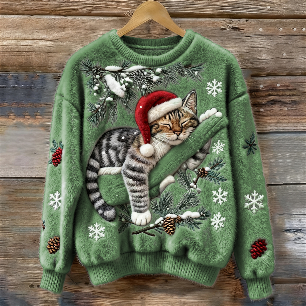 Biengojna – Pull de Noël en peluche avec un chaton