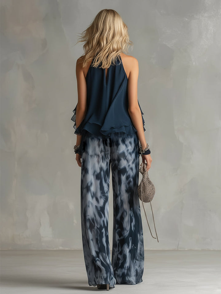 Ludovica | Haut dos nu élégant bleu marine et pantalon large imprimé