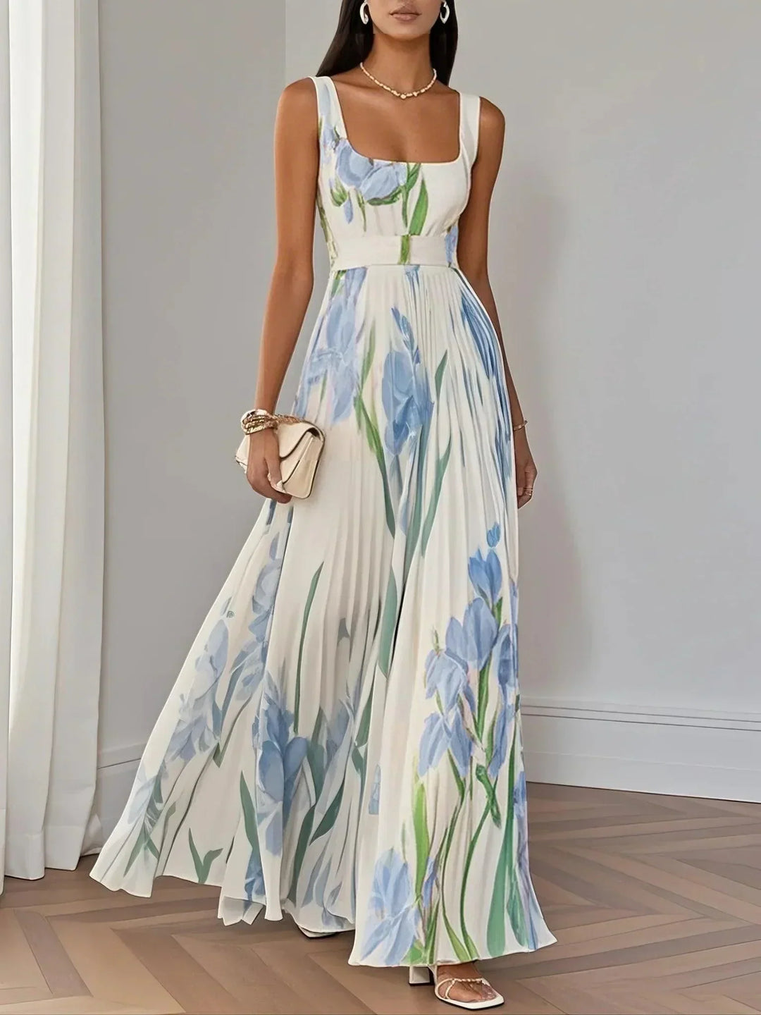 Yara™ - Robe longue plissée en mousseline de soie