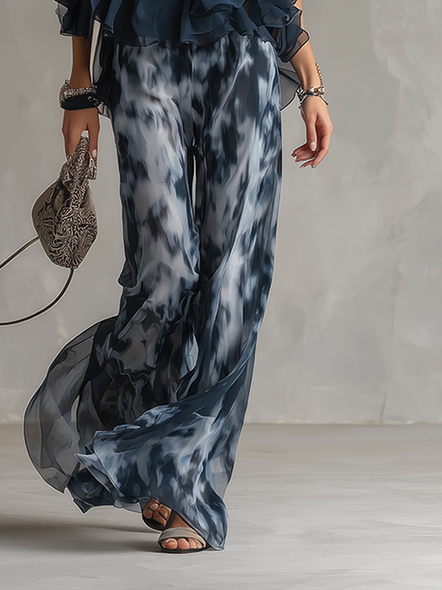 Ludovica | Haut dos nu élégant bleu marine et pantalon large imprimé