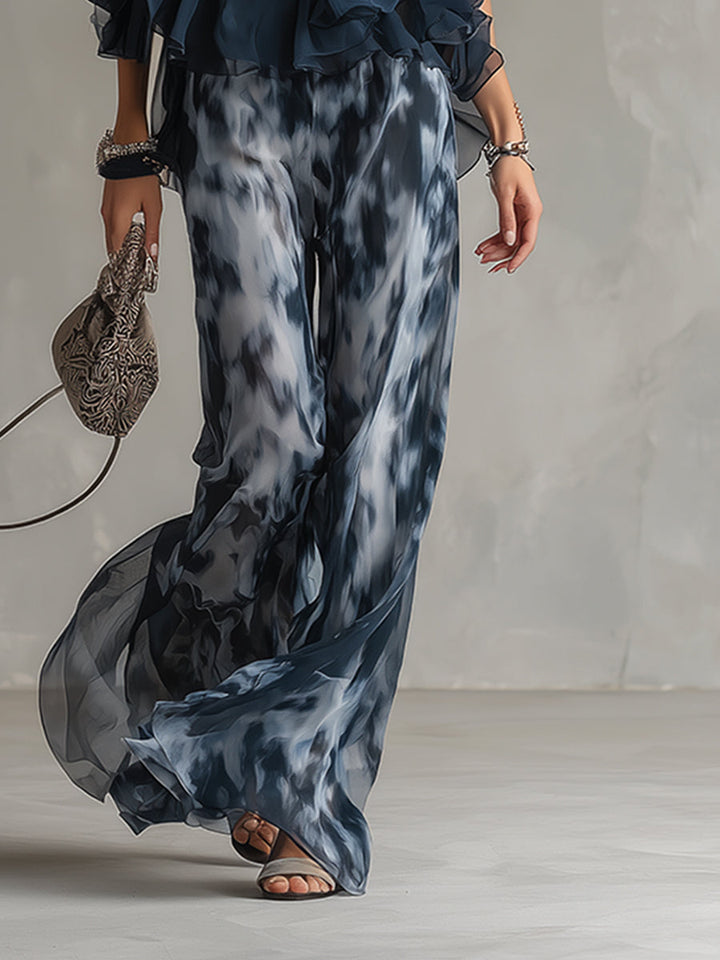 Ludovica | Haut dos nu élégant bleu marine et pantalon large imprimé