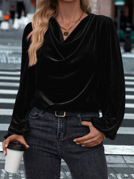 Ilyana – Blouse en velours à manches longues et col drapé