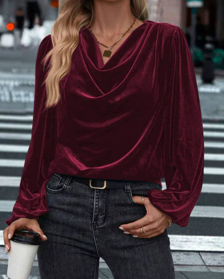 Ilyana – Blouse en velours à manches longues et col drapé