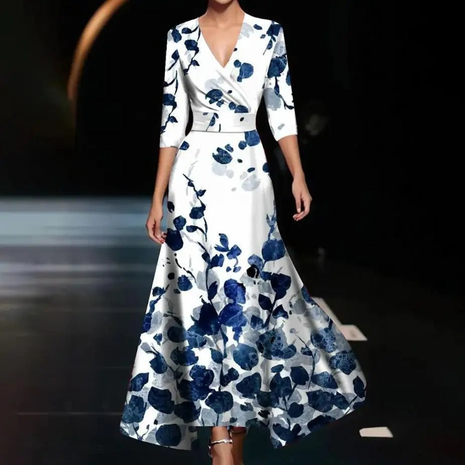 Marguerite | Robe longue à motif floral et manches 3/4