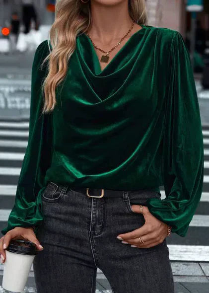 Ilyana – Blouse en velours à manches longues et col drapé